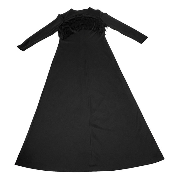 VINTAGE Long Sleeve Black Fringe Evening Gown Cocktail Dress Size 4-6 Medium - Picture 14 of 16